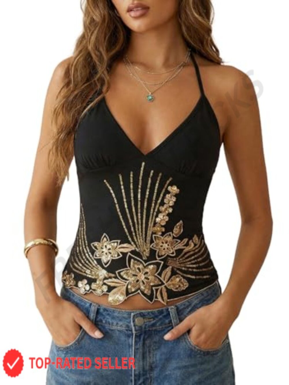 Gold Sequin Halter Crop Top Sleeveless Tie Back Y2K Going Out Cami